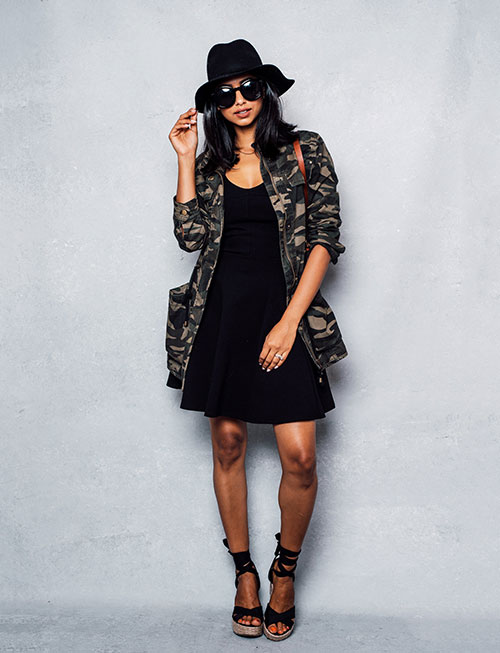 A Simple Black Dress, Floppy Hat and Camo Jacket