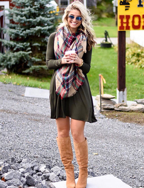 A Simple Dress, Knee-High Boots, and a Tartan Scarf