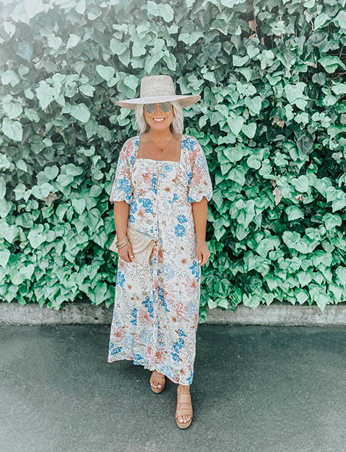 A Floral Dress, Wide-Brimmed Sun Hat, and Pumps