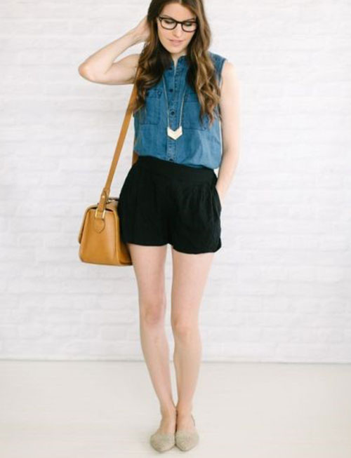 A Sleeveless Jean Top, Blacfk Pleated Shorts, and Flats