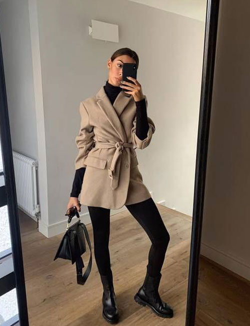 A Turtleneck, Dark Pants, Boots, and a Trench Coat