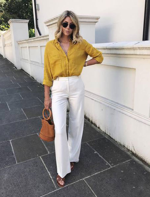 White, Wide-Leg Pants and a Yellow Top