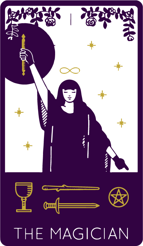 The Magician Tarot card with rich symbolism including tools, infinity sign, and divine connection