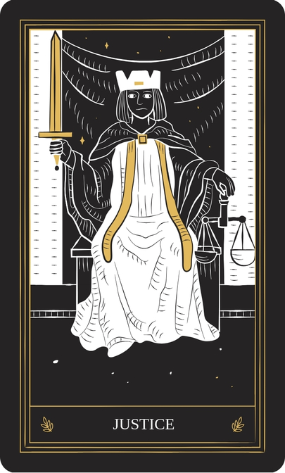 Justice Tarot Card with the number 9, emphasizing truth and accountability in a modern artistic style