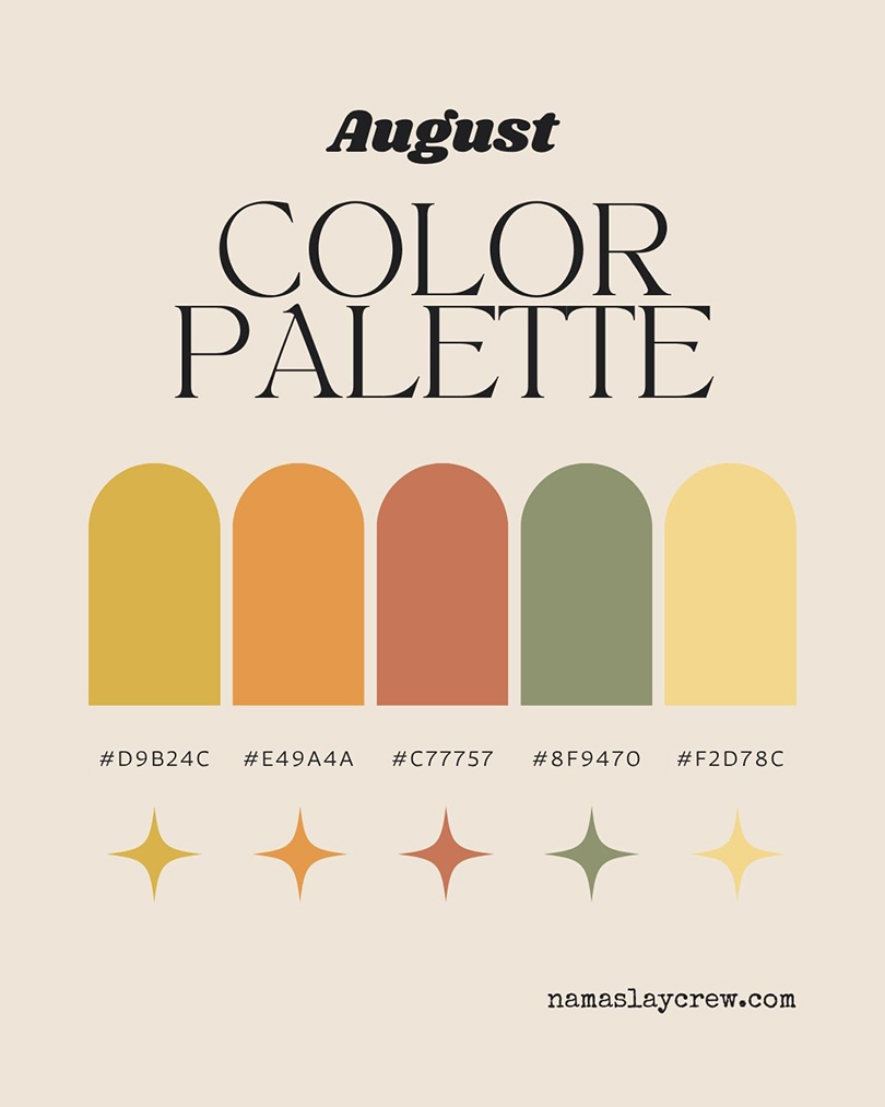 August color palette featuring warm gold, amber, terracotta, sage, and cream tones.