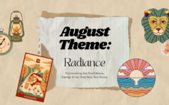 August Radiance theme collage with Leo, Strength tarot, crystal, and compass.
