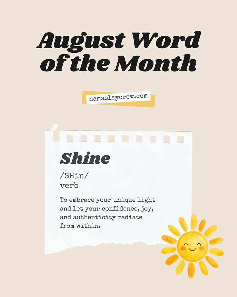 August Word of the Month Shine printable with inspirational definition.