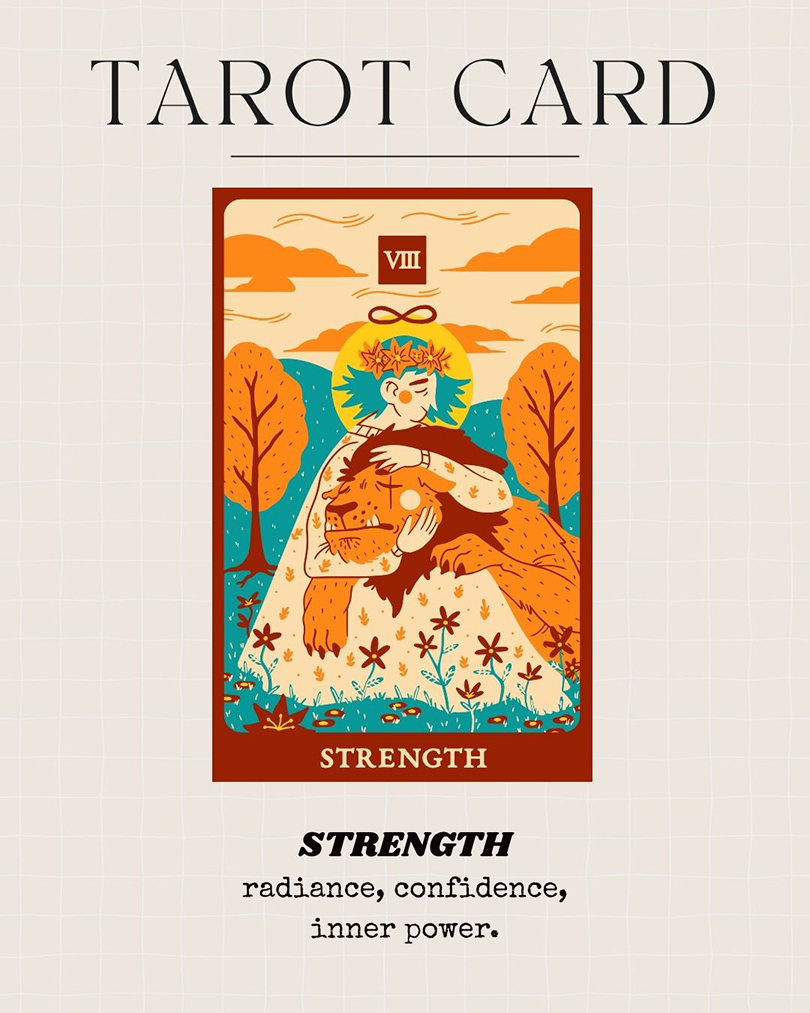 Strength tarot card for August with keywords: confidence, inner strength, and courage.