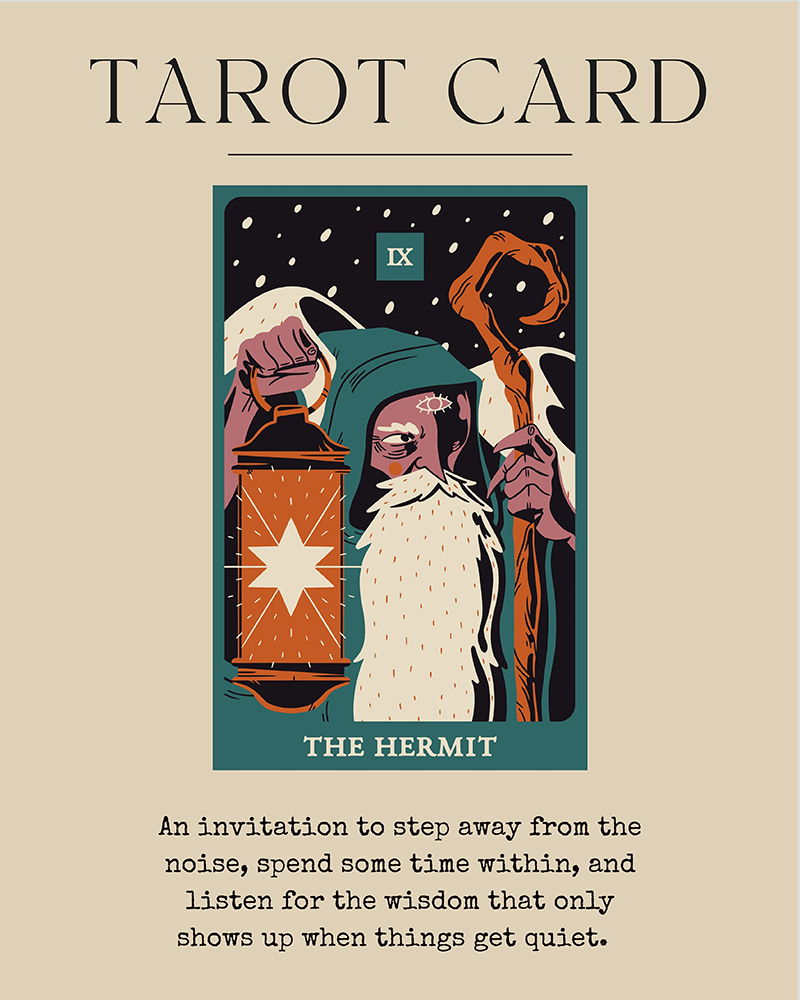 The Hermit tarot card with a message about reflection and inner wisdom