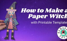 Colorful handmade paper witch beside printable craft templates