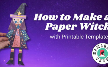 Colorful handmade paper witch beside printable craft templates