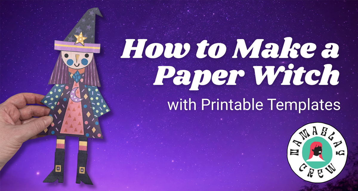 Colorful handmade paper witch beside printable craft templates